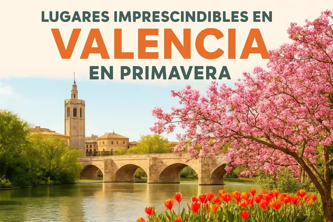 lugares-imprescindibles-en-Valencia-en-primavera - Valencia Noticias 24h Valencia spring travel banner: arched stone bridge over a calm river, pink cherry blossoms on the right, and red tulips in the foreground.